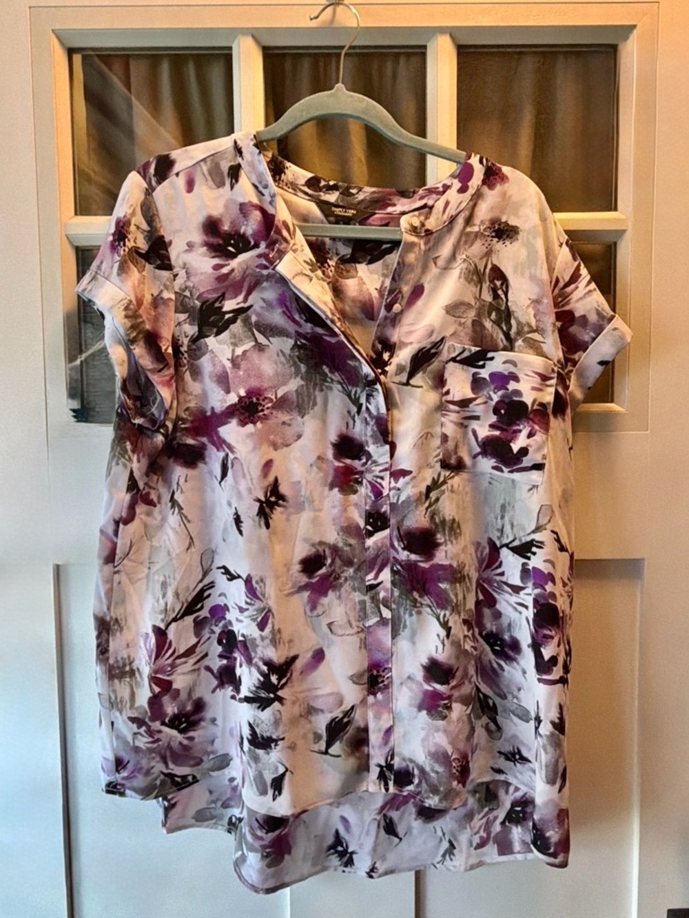 Simply Vera Vera Wang Purple Floral Short-Sleeve Button Blouse